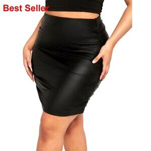 High Waist Ruched PU Leather Stretch Bodycon Skirt Plus Size